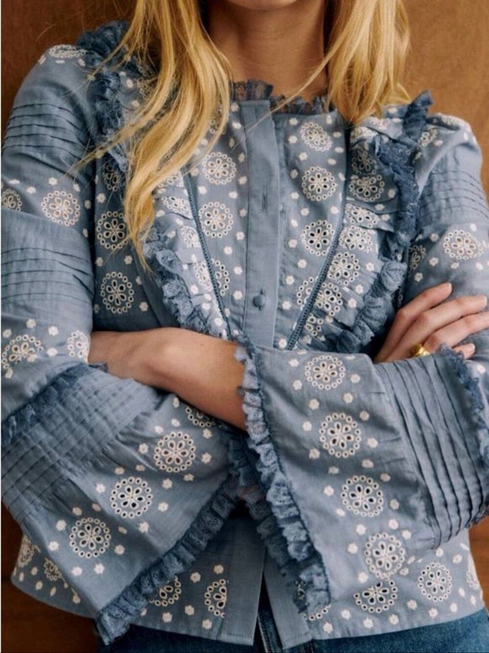 NWT Sézane Nele Shirt in Vintage Blue, French Romantic Top Sz 38, $239 F39